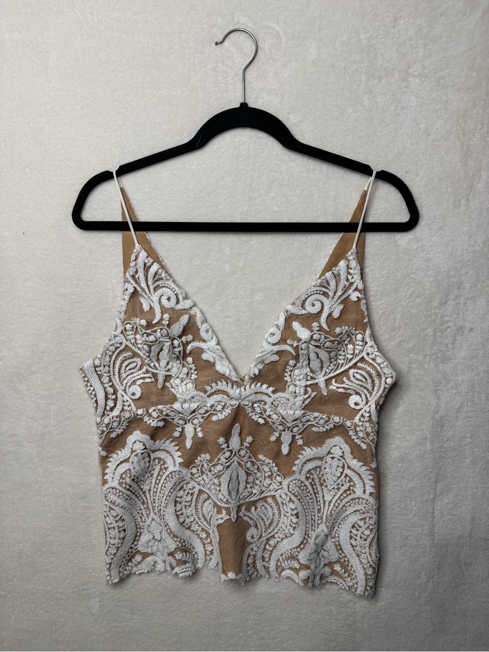 Free People Beige Cami with White Lace Overlay Size 8